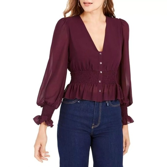 Lucy Paris Smocked button front Peplum‎ Blouse Purple Medium Women's NWT - Picture 1 of 12
